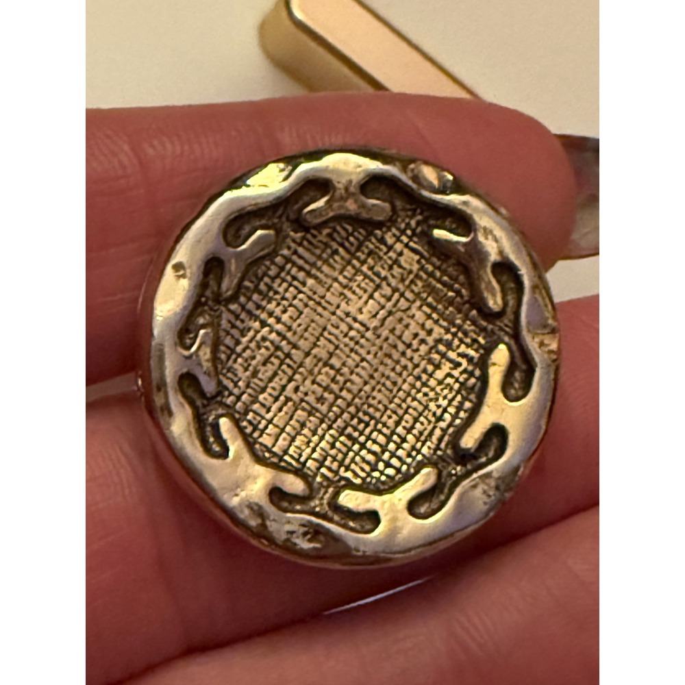 Vintage Gold Tone Textured Crosshatch Button Clip On Earring Ornate Border